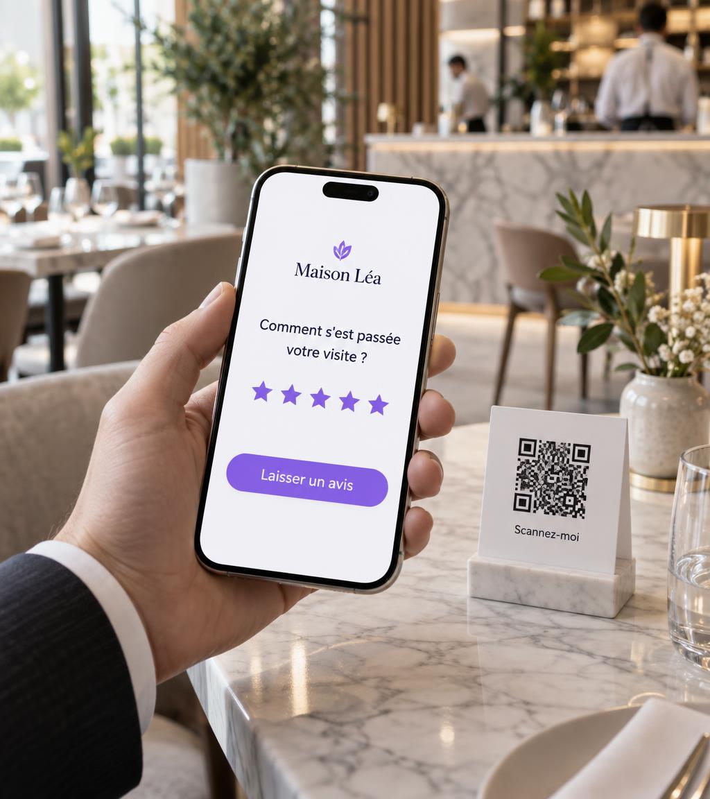 Un client note son expérience sur son smartphone après avoir scanné le QR code GLORY UP posé sur la table du restaurant Maison Léa